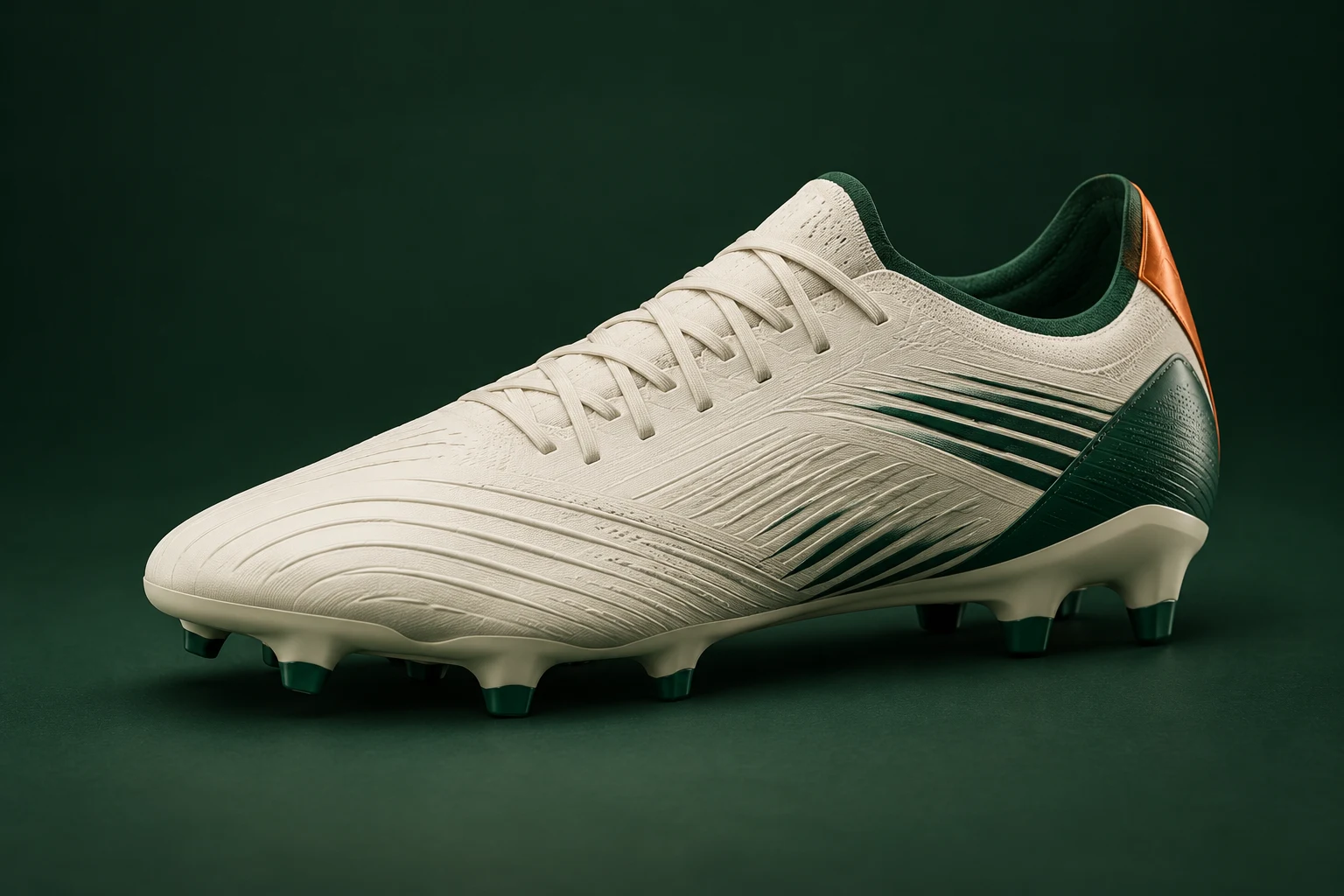 Illustrativer cremefarbener Fußballschuh mit Nocken auf dunkelgrünem Hintergrund